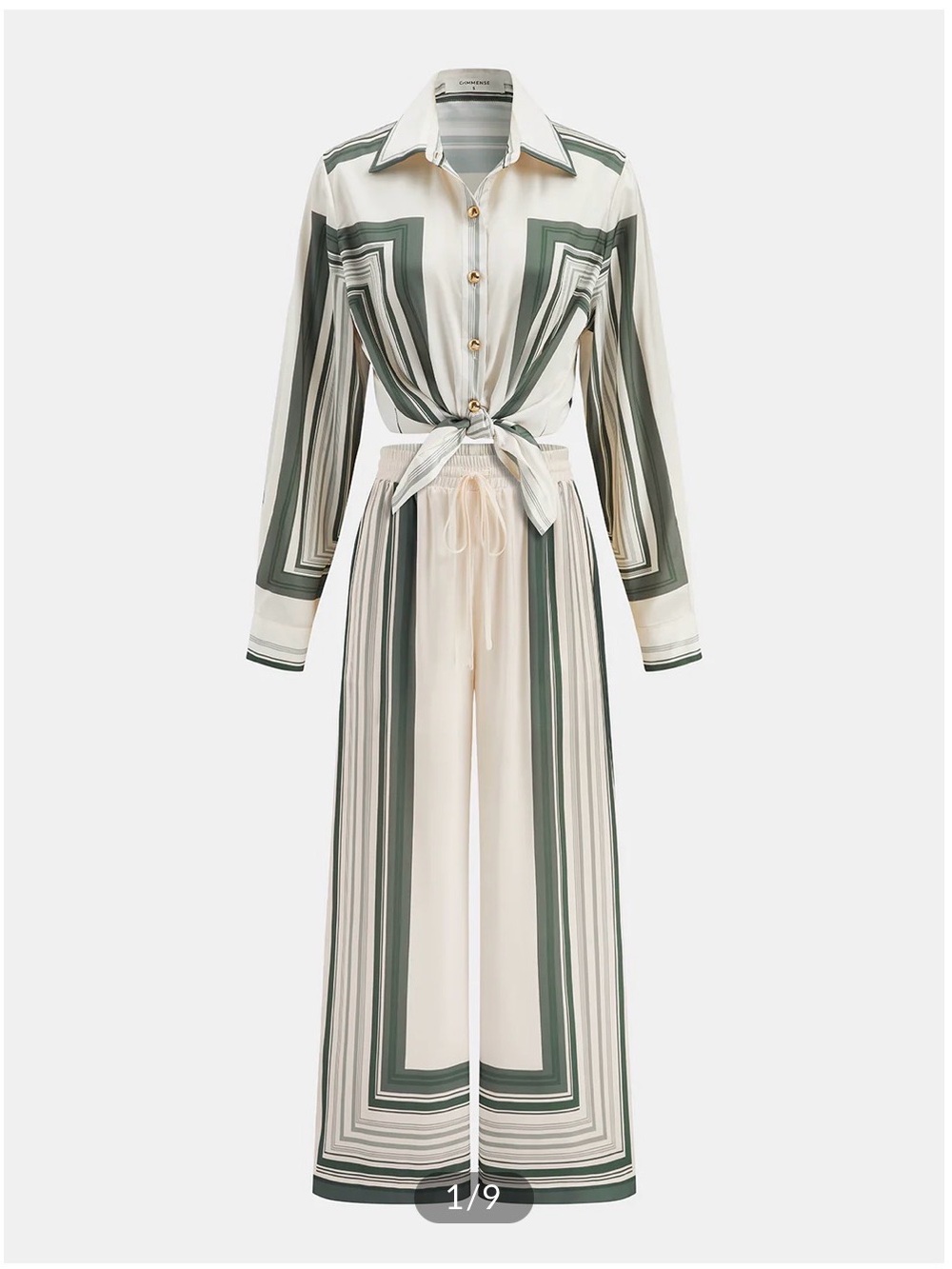 Commense Set Cream Green Striped Long Sleeve Tie-Front Blouse and Wide leg Pants
